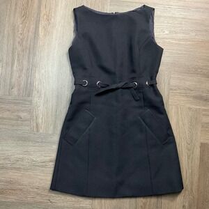 Isaac Mizrahi Saks Fifth Avenue Wool Grommet Belt Shift Dress 6 Navy Blue Classy